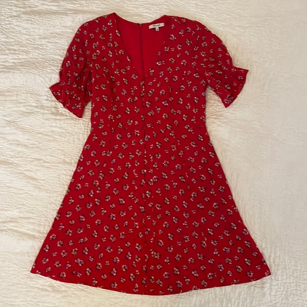 100% Silk Red Floral Madewell Dress